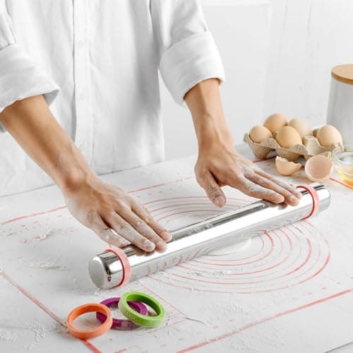 Stainless Steel Rolling Pin with Adjustable Thickness Rings - 4 Interchangeable Sizing Bands for Dumplings/Pasta/Cookies - Nonstick Kitchen Baking Tool 6