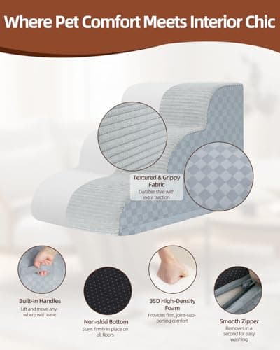 Dog Stairs Ramp for Couch 15.7" H, 3-Step Pet Stairs for Small Dogs with High Density Foam, Dog Slope Stairs with Durable Non-Slip Bottom for Puppy Grey 5