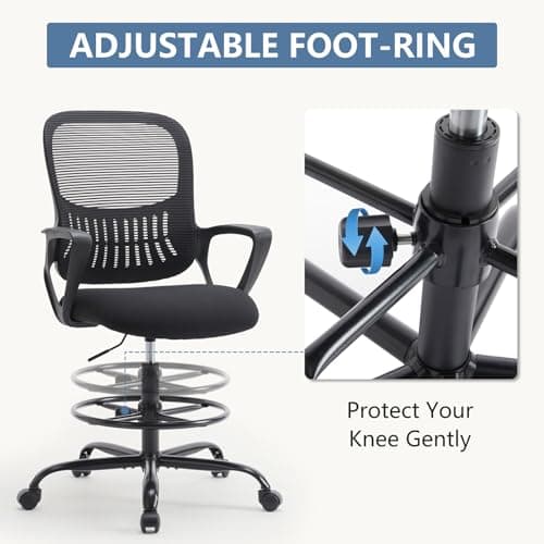 DUMOS Drafting Chair - Ergonomic Tall Office for Standing Desk, Counter with Height Adjustable and Comfortable Lumbar Support, Fixed Armrests, Black 9