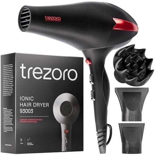 TREZORO Professional Hair Dryer with Diffuser, Ionic Ceramic Tourmaline Technology, 2000W Fast Quiet Drying, With Narrow & Wide Concentrator Nozzles, 3 Heat & 2 Speed Settings, Cool Shot Button, Black