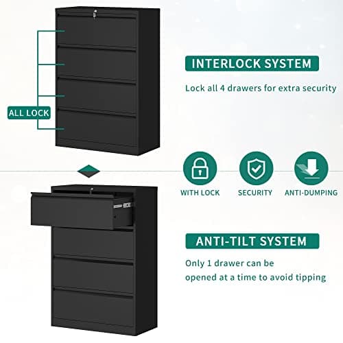 YITAHOME 4 Drawer Metal Lateral Filing Cabinet, Stainless Steel Wide Lateral File Cabinet with Lock for Legal/Letter A4 Size, Assembly Required，Office Organizer Storage Cabinet, Black 5