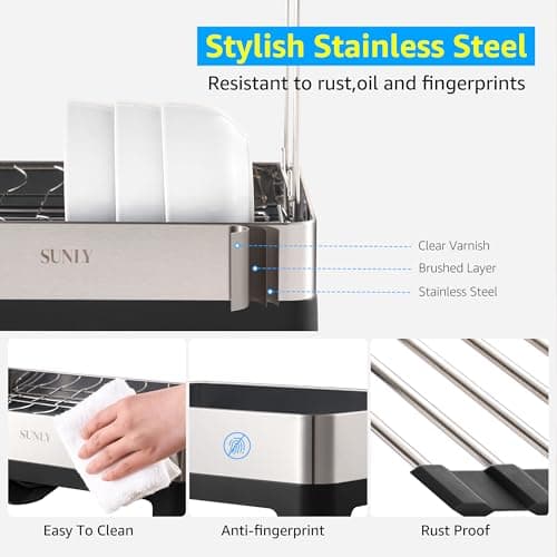 SUNLY 2 Tier Dish Drying Rack, Extra Large Dish Rack, Multifunctional Large Dish Drainers for Kitchen Counter, 304 Stainless Steel Kitchen Drying Rack, Bowl Drying Rack, Extendable Drain Spout, Black 5