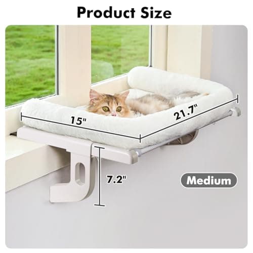 Zoratoo Cat Window Sill Perch with Large Bolster, Easy to Adjust & Assemble Cat Window Seat for Windowsill & Bedside, Pet Hammock Bed for Large Cats and Kittens (White, M) 5