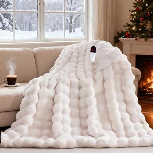 AEPINBH Heated Blanket Throw with 6 Fast Heating Levels,4 Hours Auto-Off,50x60 Cozy Faux Rabbit Fur Bubble Washable Electric Blanket with Overheating Protection,ETL Certification（Cream）