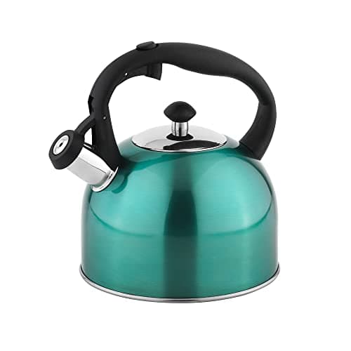 Amazon Basics Stainless Steel Whistling Tea Kettle, Fast Boiling for Tea and Coffee, Food Grade, Ergonomic Handle, 2.3 Liter, Teal