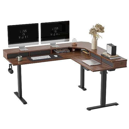 FEZIBO L Shaped Standing Desk with Drawers, 63" Electric Standing Gaming Table L Shape, Black Walnut Top/Black Frame