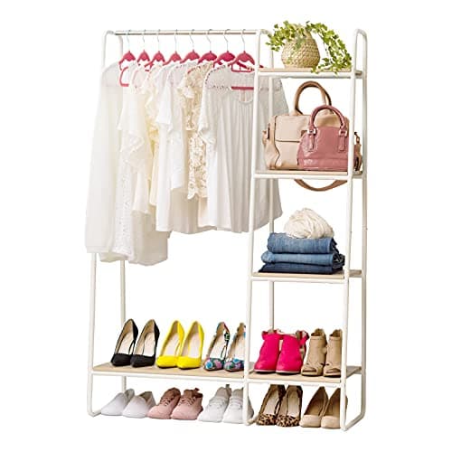 IRIS USA Clothes Rack for Hanging Clothes with 4 Wood Shelves, Freestanding Clothing Rack, Easy to Assemble Garment Rack, Metal, Sturdy Design, Multipurpose, Small Space Storage Solution, White