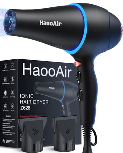 Hair Dryer with Diffuser, Professional Ionic Hair Dryer with Blue Light AC Motor, 2000W Fast Drying Hair Blow Dryer (Black with 2*Nozzle)