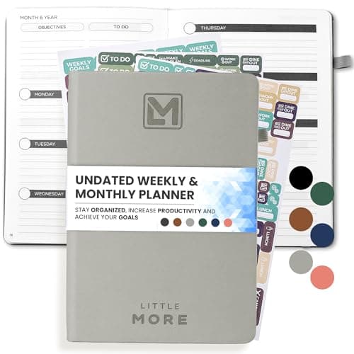 Undated A5 Weekly Planner 2024 - Grey, Monthly, Blank, ADHD Planner With Stickers