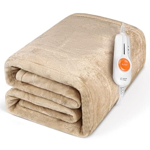 Gintao Electric Heated Blanket Throw,Double Flannel Electric Throw with 3 Heating Levels, 4H Auto Off Overheat Protection Heating Blanket for Home Office,Detachable Hat&Snap Button,Gift,50"x60",Beige