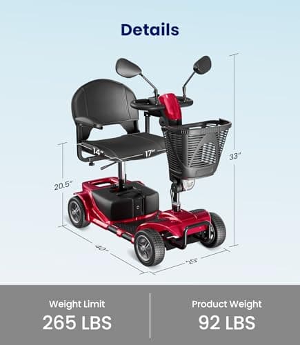 VOCIC 4 Wheel Mobility Scooter, Electric Powered Chargeable Electric Mobility Scooters, Heavy Duty Foldable Motorized Scooter with Headlight, Basket, Charger, D41 (Red) 7