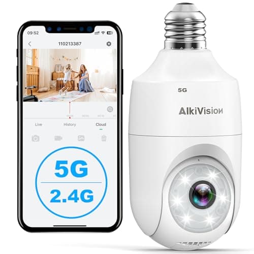 AlkiVision 2K Light Bulb Security Camera - 5G&2.4GHz Dual Bands 360° Motion Detection Cameras for Home Security, Full-Color Night Vision, Auto Tracking, Siren Alarm, 24/7 Recording