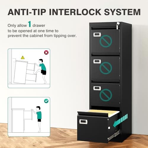 SISESOL 4 Drawer File Cabinet with Lock and Tag,Black Vertical File Cabinet,Narrow Locking Filing Cabinets with Drawers,Metal Filing Storage for Home Office Fit A4 Legal/Letter Size 7