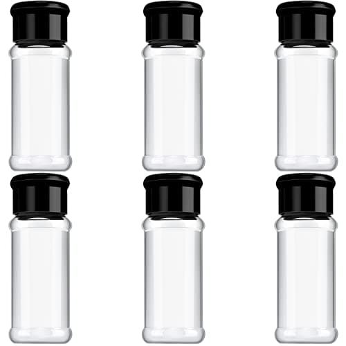 Geiserailie 6 Pieces Plastic Salt and Pepper Shakers with Lid 3.5 oz Clear Spice Seasoning Bottle Containers Moisture Proof Dispenser for Storage Salt Sugar Spice Herbs and Powders(Black)