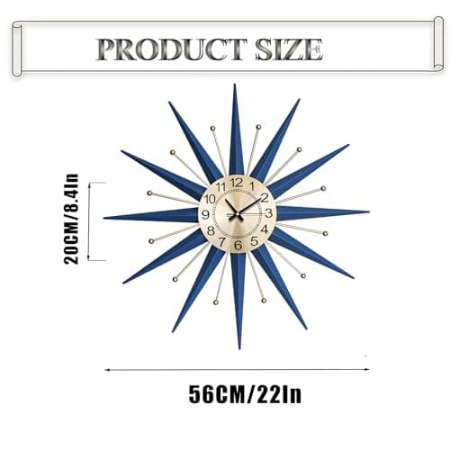 HAOWANJP Large Wall Clock Metal Decorative, Mid Century Silent Non-Ticking Big Clocks, Modern Home Decorations for Living Room,Bedroom,Dining Room, Office, 22 Inch 6