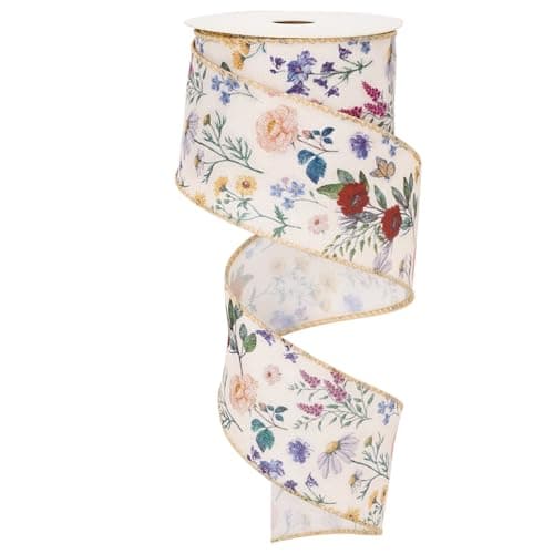 JarThenaAMCS Vintage Floral Wired Ribbon 2.5 Inch Wildflower Ribbon for Bow Wreath Craft Gift Wrap Spring Holiday Wedding Birthday Party Home Decor
