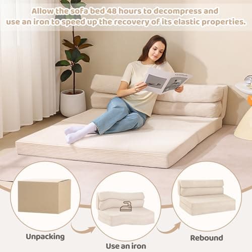 JUIKURY Folding Sofa Bed, Convertible Sleeper Chair with Pilow Foldable Matress, 2 in 1 Pull Out Loveseat Sofa Portable Fold Out Chair Bed Floor Couch Lounge for Living Room Bedroom (Beige, Queen) 9