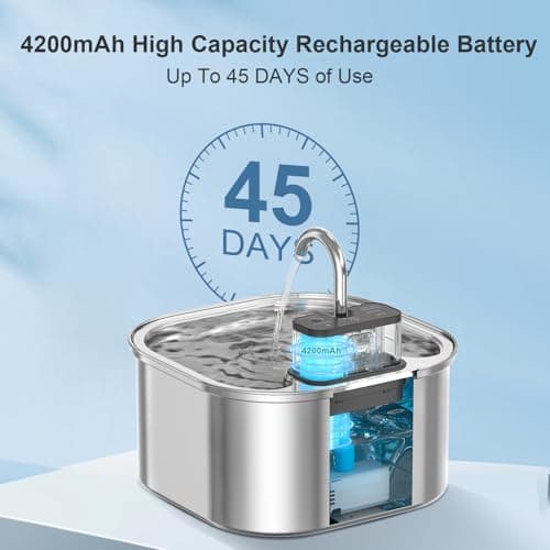 NautyPaws Cat Water Fountain Wireless，Stainless Steel-Rechargeable- Battery Operated Cat Water Fountain, 108oz/ 3.2l Automatic Cordless Pet Fountain ，Pet Fountain with 4200 Mah Battery 5