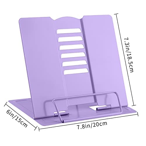 MSDADA Book Stand Metal Reading Rest Book Holder Adjustable Cookbook Documents Holder Portable Sturdy Bookstands for Recipes Textbooks with Page Clips Birthday Gifts for Girls Mom Students(Purple) 6