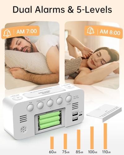 RGB Digital Mirror Alarm Clock, 15 Dynamic Color & 7" Large Screen, 7-Color Night Light, 2 USB Charger, 2 Loud Alarm,4 Dimmable Level,Battery Backup,Plug-in Bedroom Clock for Heavy Sleeper Kid Elderly 5