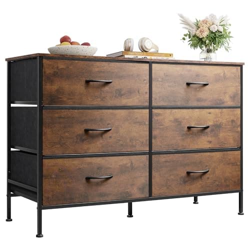 WLIVE Dresser for Bedroom with 6 Drawers, Wide Dresser TV Stand for 50 Inches TV, with Fabric Drawers, Metal Frame, Wooden Top, Storage Dressers for Bedroom, Hallway, Entryway, Rustic Brown