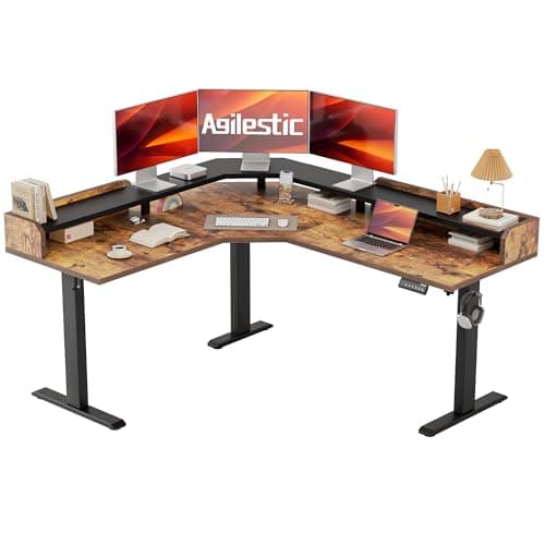 Agilestic L Shaped Standing Desk, Adjustable Height Corner Gaming Desk with Shelf, Sit Stand Up Desk, 63 x 55 Inch Home Office Computer Table, Rustic Brown