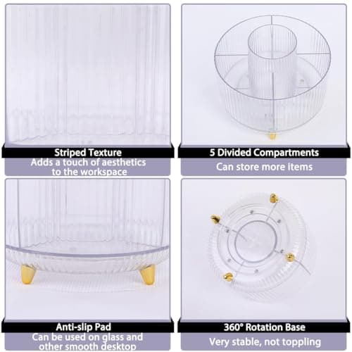 SKYDUE Rotating Pencil Pen Holder, Pen Organizer with 5 Slots - Aesthetic Desk Organizer and Accessories for School, Home, Office Supplies, Clear 7
