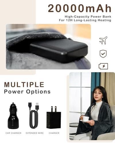 MIMYTH Cordless Heated Blanket, Cozy Portable Heated Blanket Battery Operated w/Hoodie, 3 Temp, 20000 mAh, Camping Wearable Heating Blanket for Car, Heated Throw Cordless 5