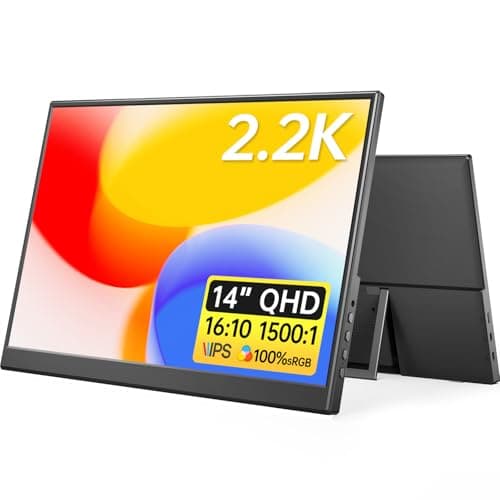 Yxk Portable Monitor 14 inch 2.2K QHD USB C HDMI Ultra-Slim IPS Travel Display & Speakers, HDR Plug&Play, External Monitor for Laptop PC, Phone,Mac