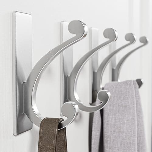 jockcaras Adhesive Wall Hook for Towel/Coat - Extra Sticky 10LB Stainless, Stick on Hanger for Bath or Shower, Matt Silver 4-Pack