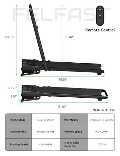 FelFast Walking Pad Treadmill, 12% 5-Level Auto Incline, 2-in-1 Under Desk Foldable w/Remote Control, 12 HIIT Mode, 265 Lbs, 7.6 MPH Max, Portable Treadmill for Office Home, No Tablet Stand 9