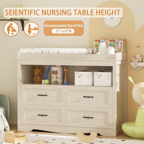 QUNTTINA Nursery Dresser Changing Table 4 Drawers Dressers with Changing Table Top Baby Dresser Chest with Open Storage Changing Station with LED Light Diaper Changing Station Nursery Organizer,Beige 6