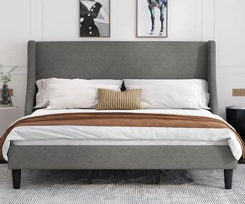 Allewie King Size Platform Bed Frame with Upholstered Headboard, Modern Deluxe Wingback, Wood Slat Support, Mattress Foundation, Light Grey