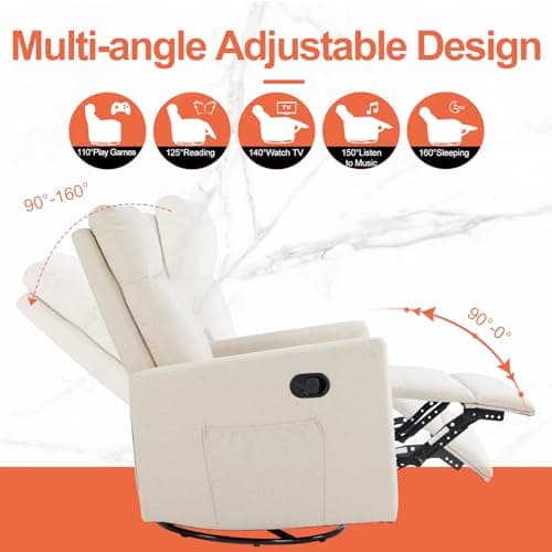 Sweetcrispy Recliner Chair, 360 Swivel Rocker Chair for Adults, Glider Rocker Recliners, Nursery Chairs for Living Room, High Back, Upholstered Deep Seat,Beige 6