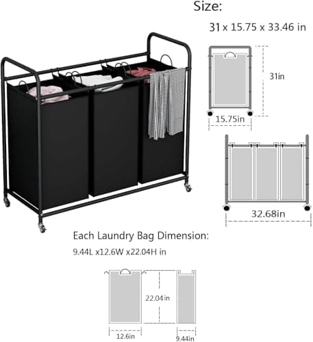 LINZINAR 3-Bag Laundry Basket, Black Laundry Hamper, 35.6 Gal(135 L) Laundry Sorter Cart Laundry Room Organization with Heavy Duty Rolling Lockable Wheels and Removable Bags 7