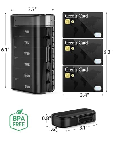 PULIV Weekly Pill Organizer with Large Capacity, Dual Protection Pill Box 7 Day, Arthritis Friendly Pill Case Easy to Open, Medicine Organizer for Vitamins, Medications, Fish Oils, Supplements (Black) 7