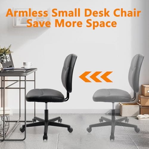 CLATINA Armless Home Office Chair, Small PU Leather Ergonomic Low Back Desk Chair with Lumbar Support and Wheels, Adjustable Height 360° Swivel Rolling Computer Task Chair, Black 4