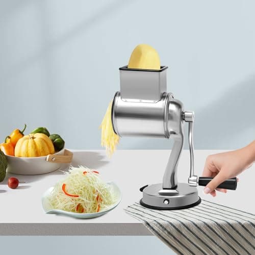 5-in-1 Rotary Cheese Grater Vegetable Slicer Large, Rotary Cheese Grater with Handle Stainless Steel, Kitchen Mandoline Vegetable Slicer, Potato Slicer Rotary for Cucumbers, Lemons, Apples 6
