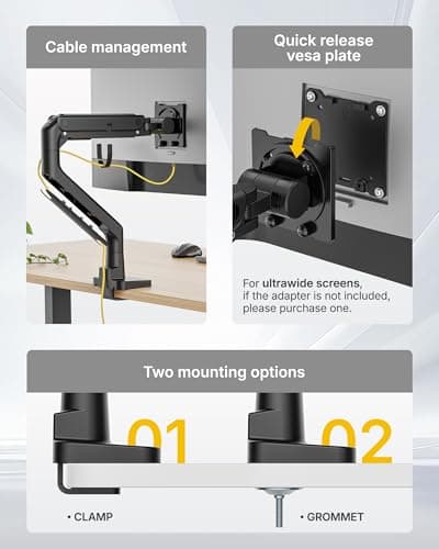 monTEK Heavy-Duty Monitor Arm for 17-57" Ultrawide Curved Screen, Supports up to 59.4 lbs, Adjustable Gas Spring Arm, 75/100 VESA Mount, Clamp & Grommet Desk Monitor Mount Single, Black 7