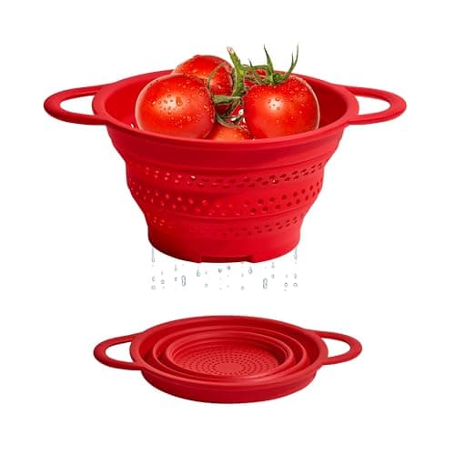 GIR Collapsible Colander for Kitchen – Space-Saving Strainer & Steamer – BPA-Free, Heat-Resistant, Dishwasher Safe Kitchen Strainer with Stainless Steel Rim – Durable Collapsible Colander - Red
