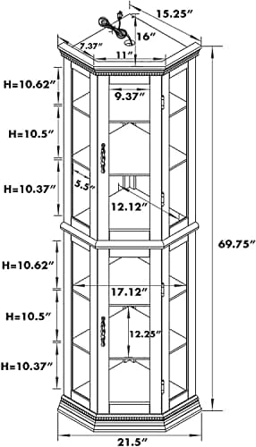HomVent Corner Curio Cabinet with Lights, Glass Display Cabinet Display Case Storage Showcase w/Adjustable Shelves, Mirrored Back Panel ＆ Tempered Glass Doors for Living Room (Walnut, Corner Shape) 9