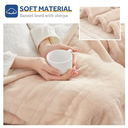 SEALY Heated Blanket Electric Throw, Flannel & Sherpa Heating Throw with 6 Heat Settings & 2-10 Hours Auto Shut Off, Fast Heating & ETL Certification, 50x60 Inch, Beige 5