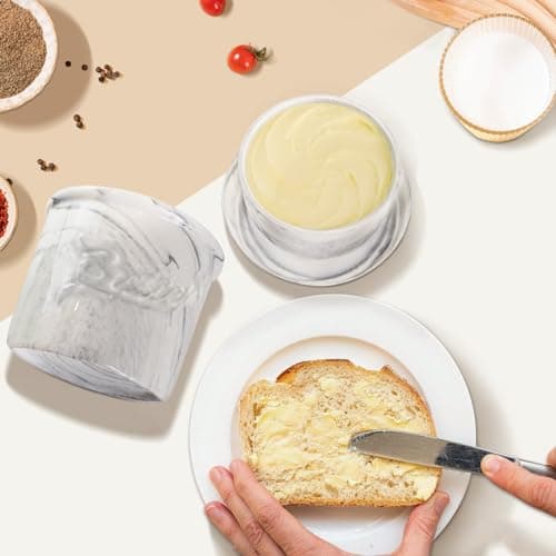 MSJGA Butter Crock for Counter with Water, French Butter Keeper for Spreadable Butter Marble Ceramic Butter Dish with Lid for Countertop, Butter Container Holder 6
