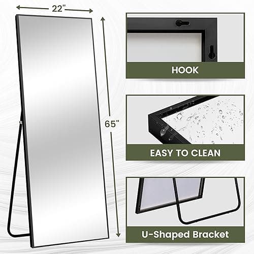 NeuType Full Length Mirror Standing Hanging or Leaning Against Wall, Large, Rectangle, Bedroom Wall-Mounted / Floor Dressing Mirror, Aluminum Alloy Thin Frame, Black, 65"x22" 5