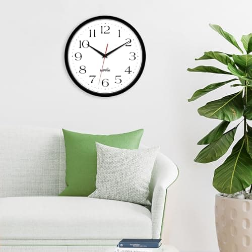 HIPPIH 2 Pack Silent Wall Clock, 10 Inch Non Ticking Quiet Digital Sweep Decorative Battery Operated Wall Clocks for Living Room Bedroom Kitchen School Office Decor, Black 6