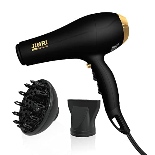 JINRI Hair Dryer,2000W,Ionic Technology & Infrared - Black, 3 Heat & 2 Speed, Detachable Air Intake, with Diffuser, with Concentrator, Hanging Strap, Non-Foldable