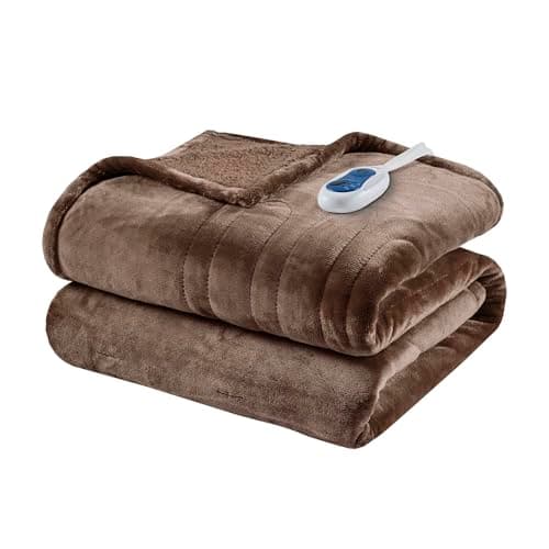 Beautyrest Heated Blanket, Electric Throw Blanket, Soft, Warm, Reversible Plush - Sherpa Heating Blanket Throw, 3 Heat Settings, 2 hr Auto Shut Off, Machine Washable, Oversized 60 in x 70 in, Brown