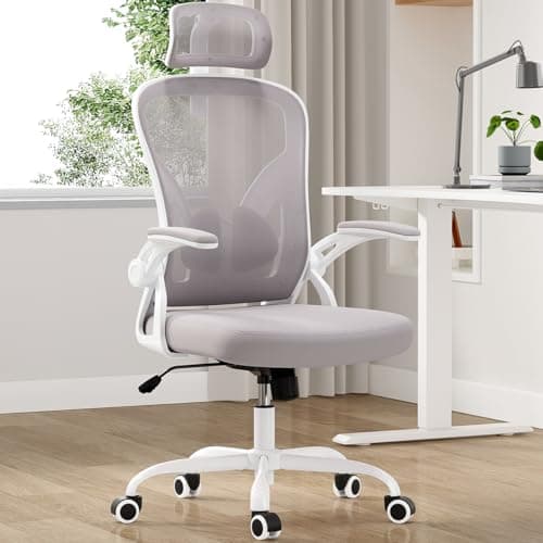 Farini Ergonomic Office Chair, Home Office Desk Chair with Headrest, High Back Swivel Computer Chair with Armrests and Adjustable Lumbar Support for Home Office Study Room, White & Gray