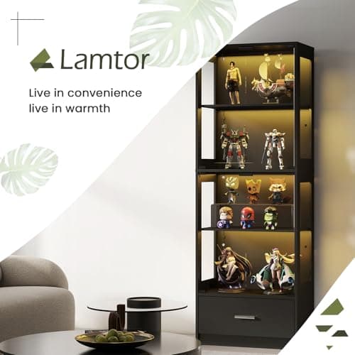 Lamtor Display Cabinet with Glass Doors - 67" Curio Cabinet with RGB LED Lights and Drawer for Collectibles, 4 Tier Glass Display Case for Living Room, Office, Black(Narrow) 9