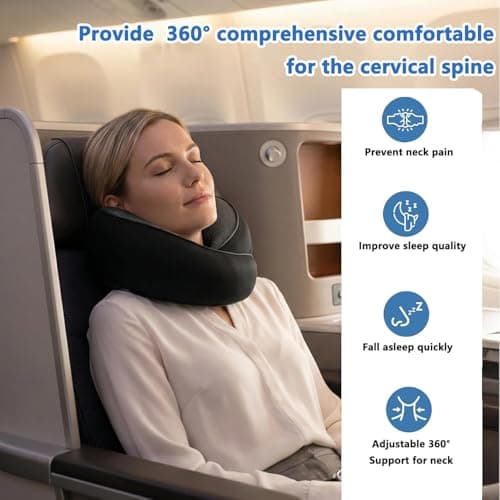 Bely King Travel Neck Pillow for Airplane - 100% Memory Foam 360° Ergonomic Support - Adjustable Velcro, Washable Velvet Cover & Compact Storage Case - Flight Essentials for Sleeping (Black) 3